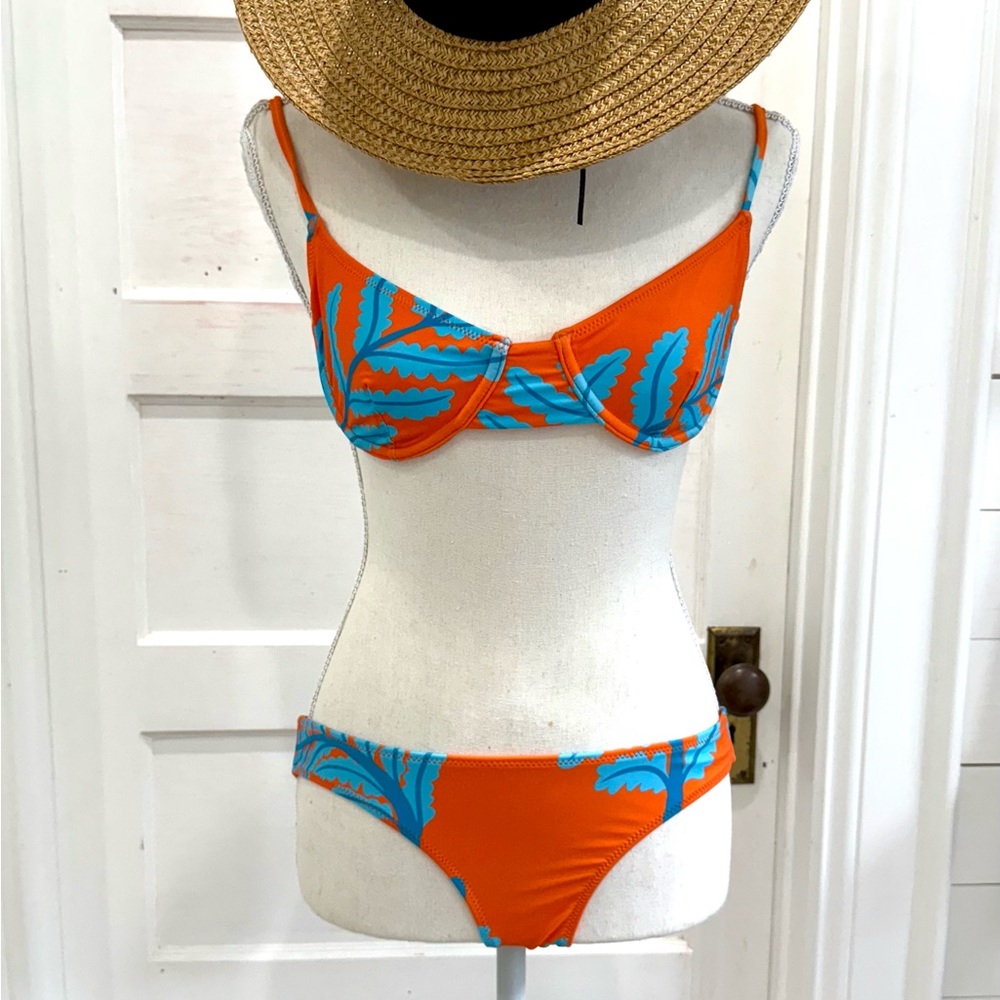 BNWT SOLID & STRIPED Vibrant Orange and Blue Bikini AND matching coverup skirt